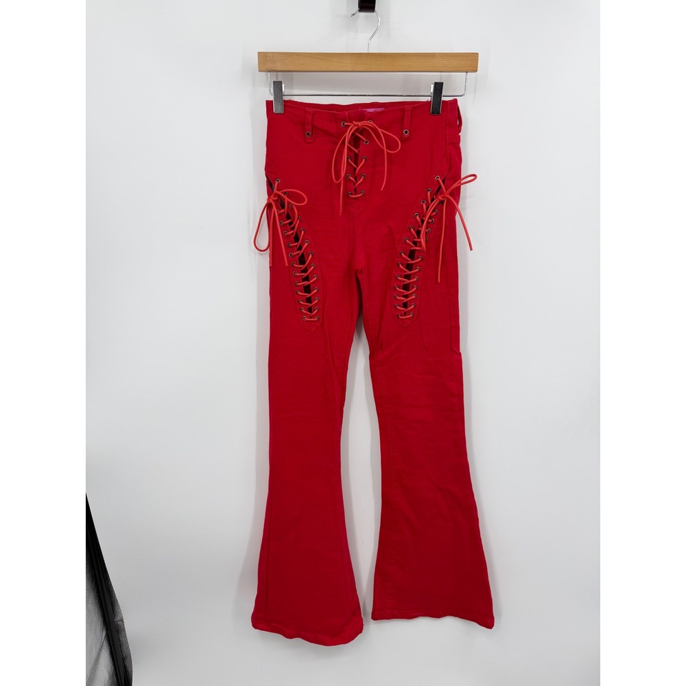 Edikted Lace Up Flare Pants Womens S Red High Waisted Bell Bottom Denim Trousers